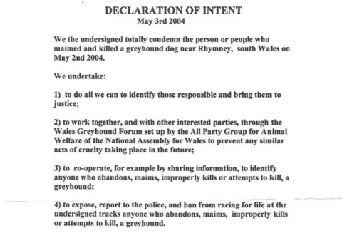 Greyhound Rescue Wales A declaration of intent signed by all racing tracks in Wales at the time