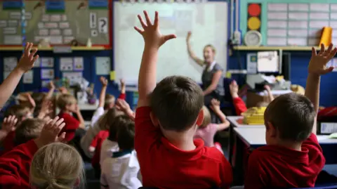 Dave Thompson/PA Wire A school classroom, showing a several small children wearing wed jumpers, putting their hands in the air, looking at a teacher who is pointing to a projector screen behind her.