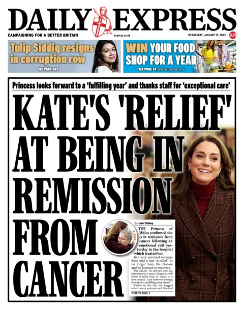 Judul di halaman depan Daily Express berbunyi: "'Lega' Kate karena sudah dalam remisi dari kanker"