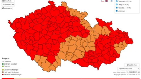 Czech hydrometeorological institute A screengrab showing red alerts in the Czech Republic