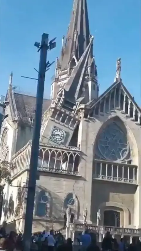 Damage shown to cathedral tower after severe earthquake hit Colombia.