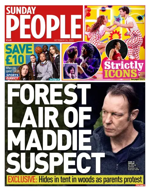The headline on the front page of the Sunday People reads: "Forest lair of Maddie suspect". 