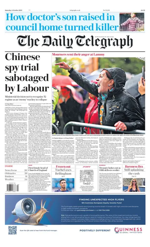 BBC "Chinese spy trial sabotaged by Labour" reads the headline on the front page of The Daily Telegraph. 