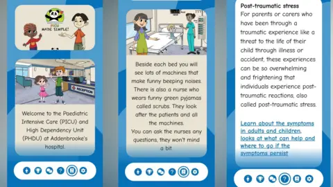 Supplied Three photos showing different parts of the app, such as a welcome message, a guide to the machines in the hospital and an explanation of post-traumatic stress disorder. There are graphics alongside the messages of young people in hospital wards. 