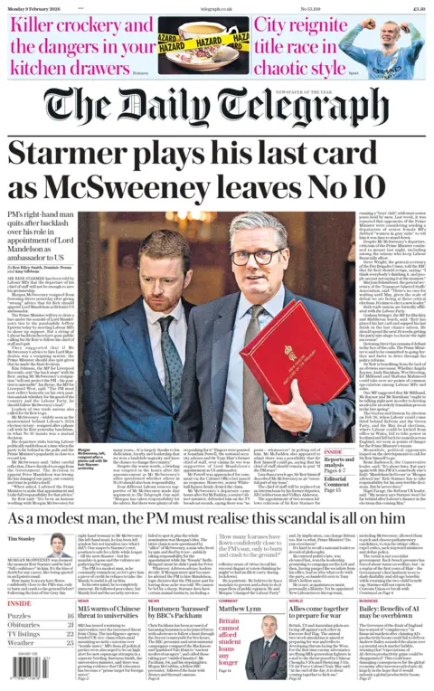 "Starmer plays his last card as McSweeney leaves No 10" reads the headline on the front page of the Daily Telegraph.