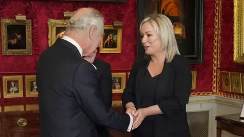 King Charles shaking hands with Michelle O'Neill. He is facing away from the camera and wearing and black suit. She is wearing a black dress and blazer. There are in a room with red wallpaper and surrounded by paintings in gilded frames.