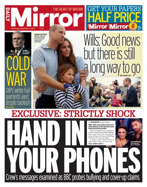 Primeira página do Daily Mirror com a manchete "Entreguem seus telefones"