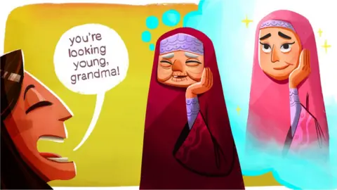 Illustration saying 'You're looking young, grandma!'