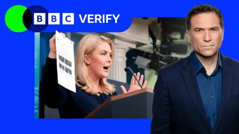 A photo of White House Press Secretary Karoline Leavitt, alongside a picture of the BBC's Analysis Editor Ros Atkins. 