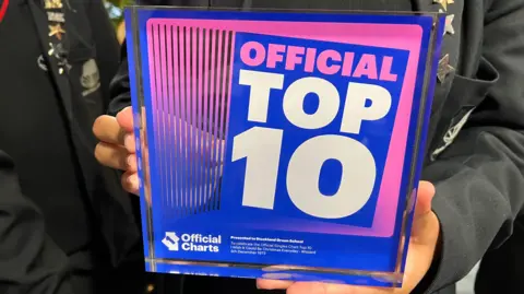 Hands holding a large blue and pink sheet of plastic with the words official top 10 in white writing on it