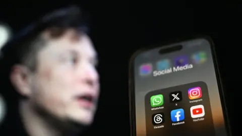 A photo montage of the X app on a phone and a blurred picture of Elon Musk