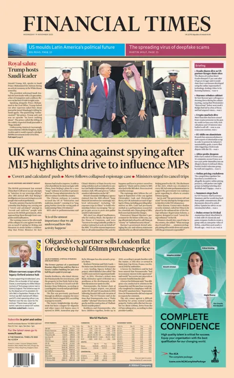  "UK warns China against spying after MI5 highlights drive to influence MPs".