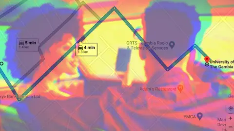 Getty Images/Google Composite showing a couple looking at a phone in a car overlaid by a map of roads in The Gambia