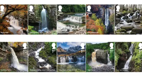 10 Royal Mail stamps, each with a different waterfall pictured on them from around the UK