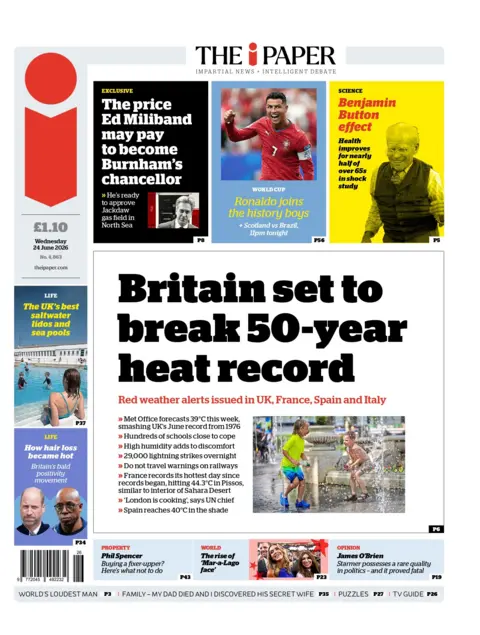 "Britain set to break 50-year heat record," reads the headline on the front page of the i Paper.