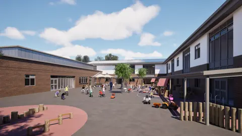 A computer-generated image of a courtyard in the middle of a two-storey school building with children playing with toys, including miniature vehicles.