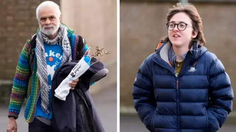 PA Media Two people are seen in a composite image next to each other arriving at Salisbury Crown Court. One image shows someone with grey hair, carrying a small plant in a bag, wearing a rainbow cardigan and blue t-shirt. The other shows someone wearing a dark blue puffer jacket.