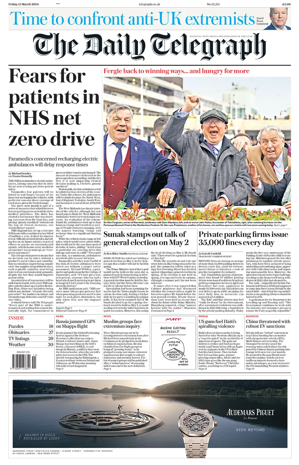 BBC The headline in the Telegraph reads: "Fears for patients in NHS net zero drive".