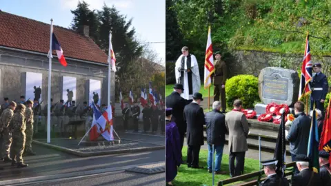 BBC Memorial dedications in Masnieres (left) and Guernsey