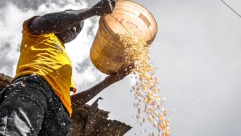 Getty Images Man with bucket winnowing maize