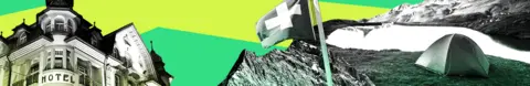 Banner with green colours. There's an image of a hotel on one side and a tent on the other surrounded by a mountain and beautiful lake. 