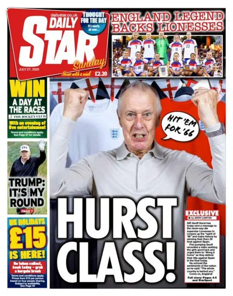 The Daily Star's front page has a picture of Sir Geoff Hurst holding up his fists, with a speech bubble that says "Hit 'em for '66". He stands in front of football merchandise. 