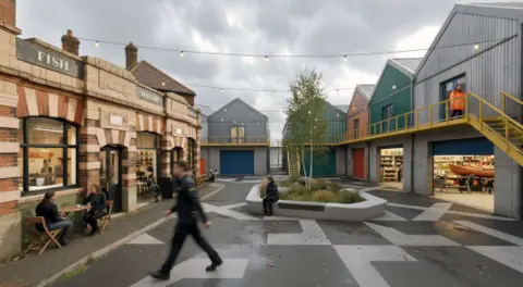 Great Yarmouth Borough Council A digital image showing metal business units next to a food venue with a man walking past wearing dark clothing
