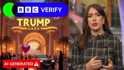 The left half of this image shows an AI-generated image of a white hotel with large pillars, and LED lights that read "Trump Gaza." A red label with a warning triangle has been added over the top and reads "AI-generated." The right-hand side of the image shows the BBC's Social Media Investigations Correspondent Marianna Spring. She is wearing a grey checked dress, has long brown hair, and has a serious expression.