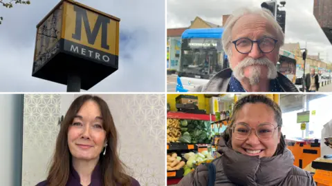 A composite image. In the top left, there is a yellow and black cubic metro sign on top of a pole. Top right, Trevor Burn, who is wearing glasses and a has short grey hair and a manicured beard and goatee. Bottom left is Lisa Crawford, who is also smiling at the camera. She has long brown hair and silver earrings. On the bottom right, Erica Barbosa is smiling at the camera. Her hair is tied back and she is wearing metallic glasses and a puffy brown coat pulled up high around the neck.
