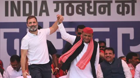 Getty Images Senior leader of Congress party Rahul Gandhi attend a joint rally of India alliance in support of Samajwadi party national president and SP candidate from Kannauj parliamentary seat Akhilesh Yadav on May 10, 2024 in Kannauj, India. 