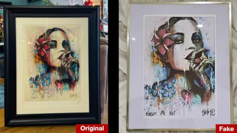 Hal Bradley Original colourful 'Forget me Not' painting to the left. Fake version that is more washed out to the right