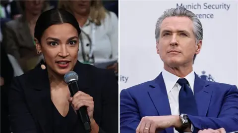Alexandria Ocasio-Cortez, left, and Gavin Newsom