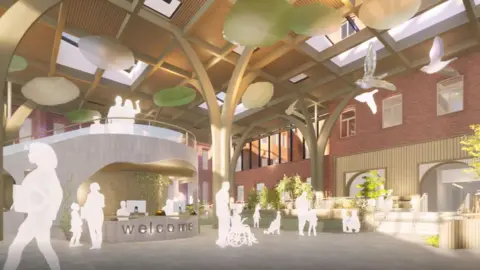 BDP A CGI image of the inside of the hospital entrance with indoor trees and open space