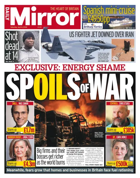 "Spoils of war" reasds the headline on the front page of the Daily Mirror. 