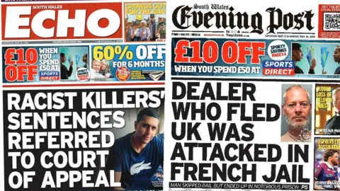 Front pages of the South Wales Echo and South Wales Evening Post