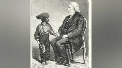 A drawing of a man with grey hair and a grey beard wearing a dark suit and sat on a chair holding the hand of a chimney sweep boy who is wearing dark trousers and a shirt and is dirty from soot and holding a brush.