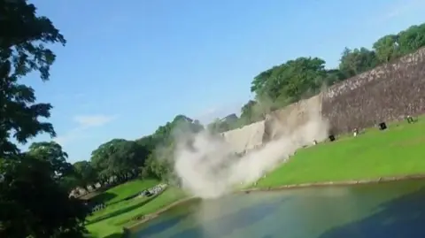 Kumamoto Castle walls collapsing