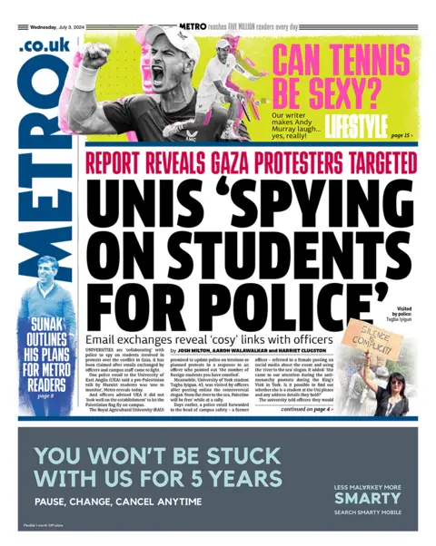 The headline in the Metro reads: "Unis 'spying on students for police'".