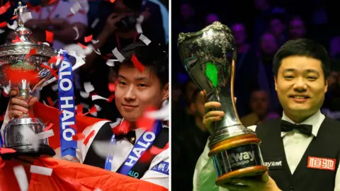 Zhao Xintong (left) with the World Championship trophy and Ding Junhui with the UK Championship trophy