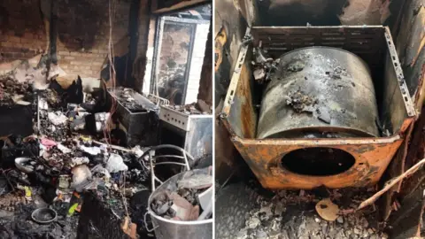 Hannah Foster/Derbyshire Fire & Rescue Composite image showing a badly fire-damaged kitchen with charred appliances and rubble and also a burned-out tumble dryer.