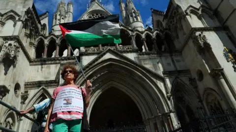 Reuters A protestor holds a Palestine flag outside the High Court. She has a sign wrapped around her chest which references genocide. 