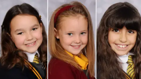 A composite image showing school photos of Bebe King, six; Elsie Dot Stancombe; Seven and nine-year-old Alice da Silva Aguiar. All three are smiling and are wearing their school uniforms.