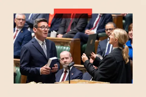 House of Commons/EPA/Shutterstock A handout photo made available by the UK Parliament shows Andy Burnham being sworn in as the Member of Parliament for Makerfield in the House of Commons chamber

