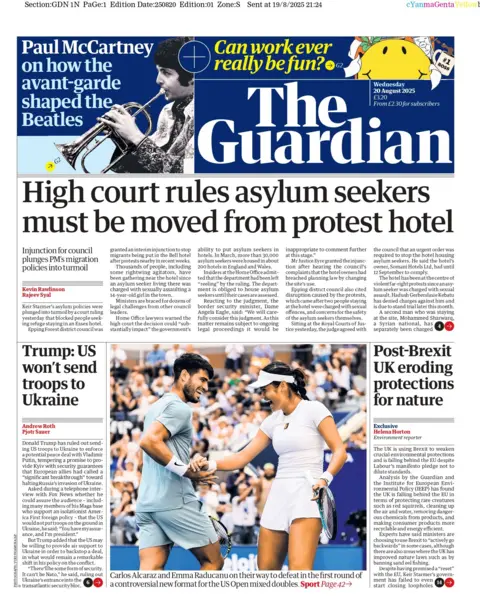"High court rules asylum seekers must be moved from protest hotel" reads the headline on the front page of The Guardian.