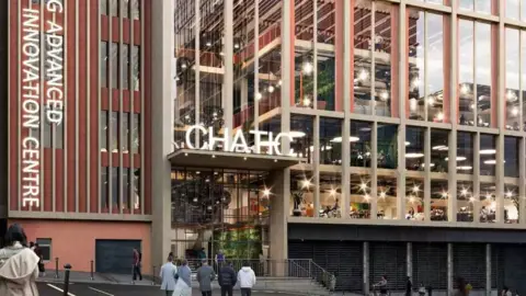 Artist's impression of the new CHATIC centre showing people walking towards steps to the multi-storey building and lights in the windows above a row of shuttered units at street level. 