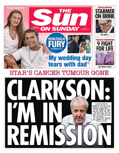 The headline on the front page of the Sun reads: "Clarkson: I'm in remission."
