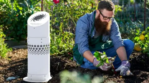 WaterSeer Man gardening next to WaterSeer water condenser