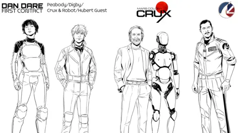 An image of a sketch of characters that feature in the new Dan Dare comic books. The are in various poses and wearing futuristic space related outfits.