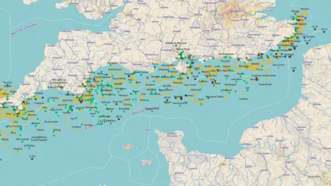Maritime Archaeology Trust A map of the southern coast of England with various coloured dots in the water marking shipwreck sites. 