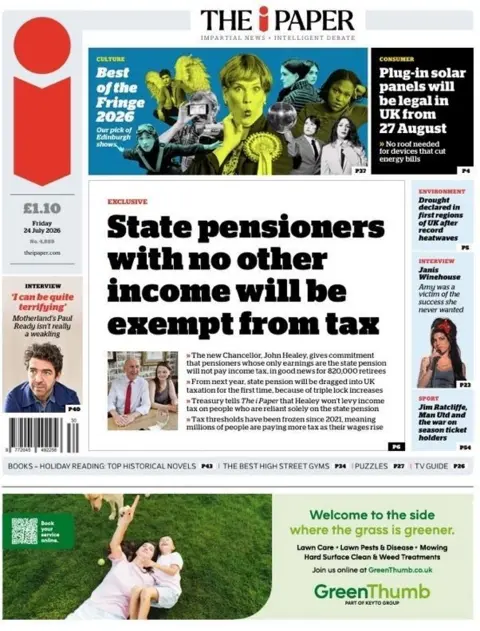 The headline on the front page of the i Paper reads: “State pensioners with no other income will be exempt from tax”.